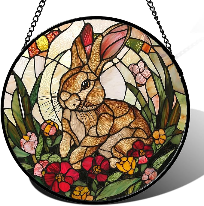 AMDERVEN Stained Glass Window Hanging, Cute Bunny Flowers Sun Catcher for Window Door Home Decor, Rabbit Suncatcher Christmas Mother's Day Birthday Gifts for Women Men Mom and Nana 15 in