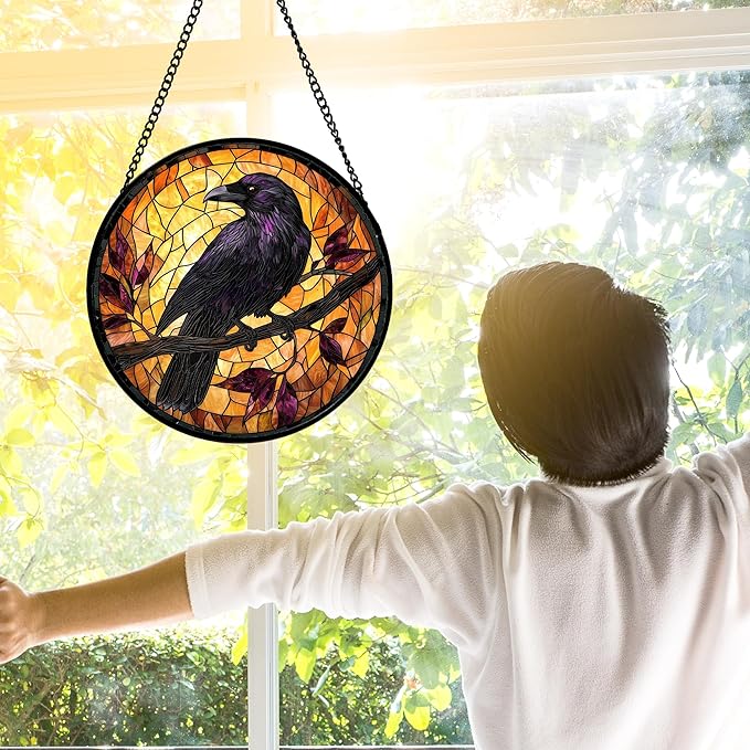 DASTOLL Stained Glass Window Hanging - Crow on a Branch Suncatcher Ready to Hang Window Doors Home Decoration and Christmas, Mother's Day Birthday Gifts for Women, Men, and Mom 9.8x9.8 in