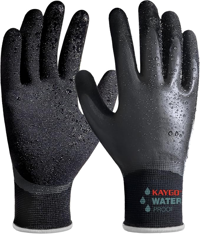 KAYGO Waterproof Work Gloves for Men and Women, Rubber Coated Non-slip Working Gloves for Garden, Outdoor Construction,KG150,Black,XL