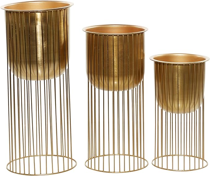 Deco 79 Metal Indoor Outdoor Planter Deep Recessed Dome Large Planter Pot with Elevated Caged Stand, Set of 3 Planters 24", 20", 16"H, Gold