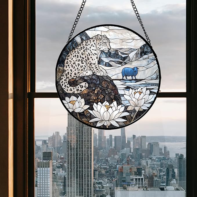 Stained Glass Window Hanging - Snow Mountain Lotus Suncatcher for Doors Garden Patio Leopard Sun Catchers Decor Christmas Mother's Day Birthday Gifts for Women Men Mom Nana Friend 7.8 in