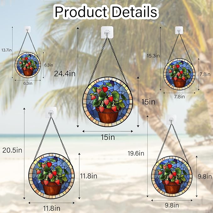 Stained Glass Window Hanging Red Strawberry Potted Plants Large 15" - Suncatcher Door Garden Sun Catcher Fall Home Decor Birthday Christmas for Mom Men Woman Nana Friend