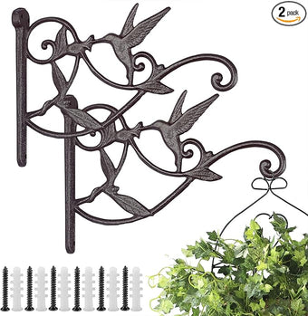 Livfodrm 2PCS Plant Hangers Outdoor Plant Hooks for Wall/Fence, Hummingbird Hanging Plant Bracket Heavy Duty Cast Iron Plant Hanger for Lantern/Bird Feeder, Drak Brown