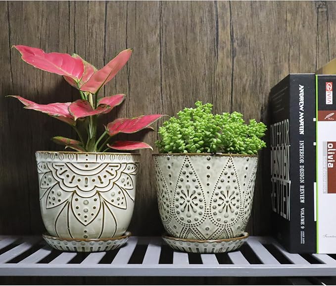 Gepege 6 Inch Beaded Ceramic Planter Set of 2 with Drainage Hole and Saucer for Plants, Indoor-Outdoor Large Round Succulent Orchid Flower Pot (Smoked Gray, Inner-pots not Larger Than 5 Inch)