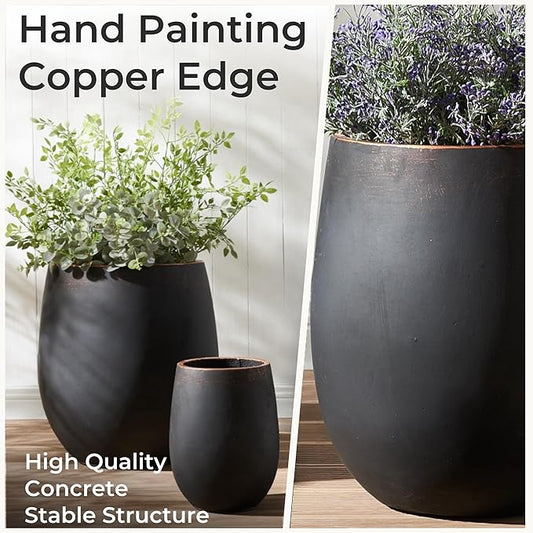 Wallowa 17.7"+13.3"+9.5" Dia Round Concrete Planter Set of 3, Large Outdoor Planter, Black with Gold Rim, Flower Pots with Drainage Holes for Garden, Patio, Home, Office