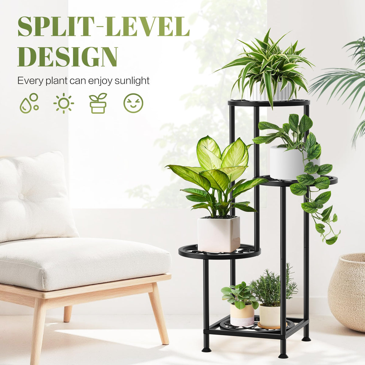 YOCOMEY 4 Tier Plant Stand Indoor Outdoor, Metal Shelf Holder Corner Black