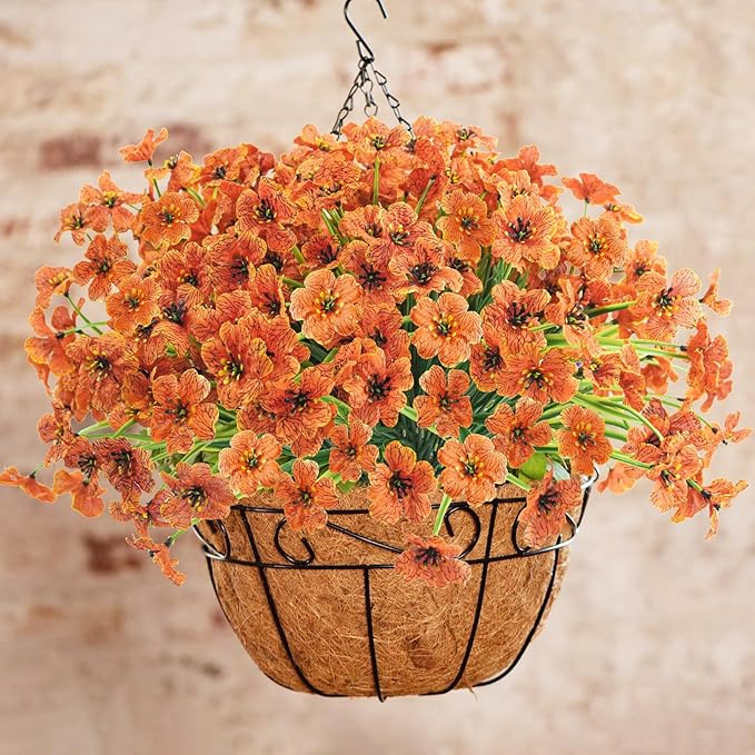 Uieke 72 Bundles Artificial Fall Flowers for Outdoors UV Resistant No Fade Faux Autumn Plants for Outside Home Garden Wedding Party Fall Décor (Orange)