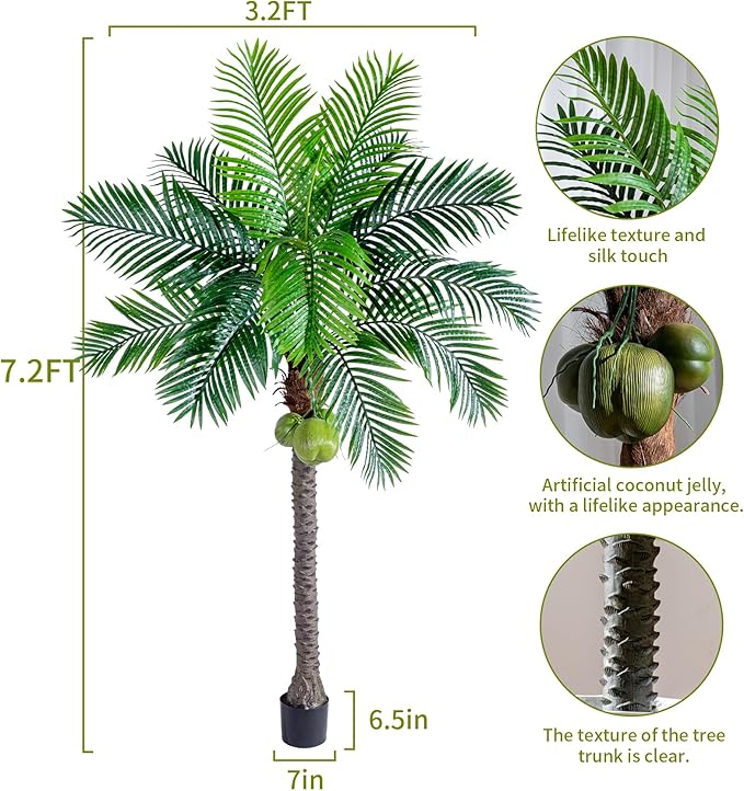 Erimda 30-Year Factory Faux Coconut Tree - 7.2FT Faux Palm Tree Realistic Thick Trunk & Heavy Duty Leaves, Hand-Carved Bark Texture, Indoor Tropical Decor for Living Room/Store, No Shiny Plastic Look