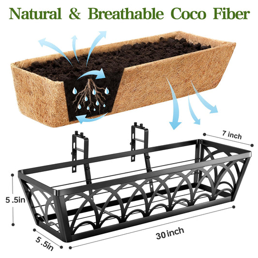 30 Inch Railing Planter Box Window Boxes Planters - 2 Pack Deck Railing Planter Boxes with Adjustable Brackets Coco Liners Balcony Planters Railing Hanging for Window Flower Boxes Outdoor Garden Decor