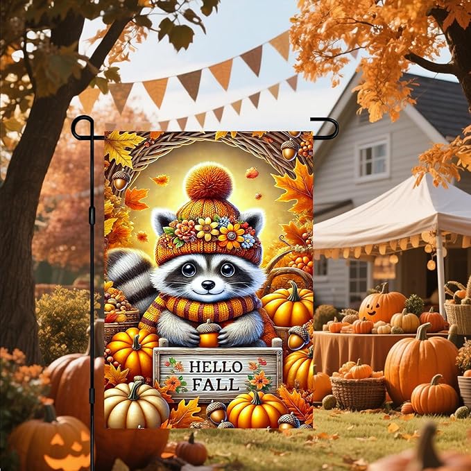 Hello Fall Garden Flag Cute Raccoon Autumn Hat Pumpkins Acorns 12x18 Inch Double Sided Outdoor Banner For Front Yard Porch Lawn Patio Thanksgiving Flag Seasonal Home Decor