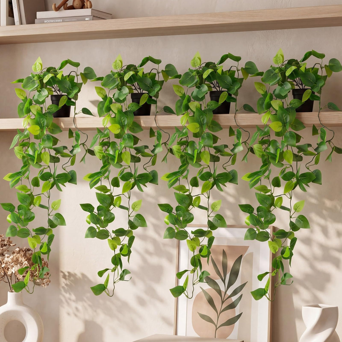 Rivvlive 4 Pack Fake Pothos Vines, 35" Fake Greenery Hanging Plants