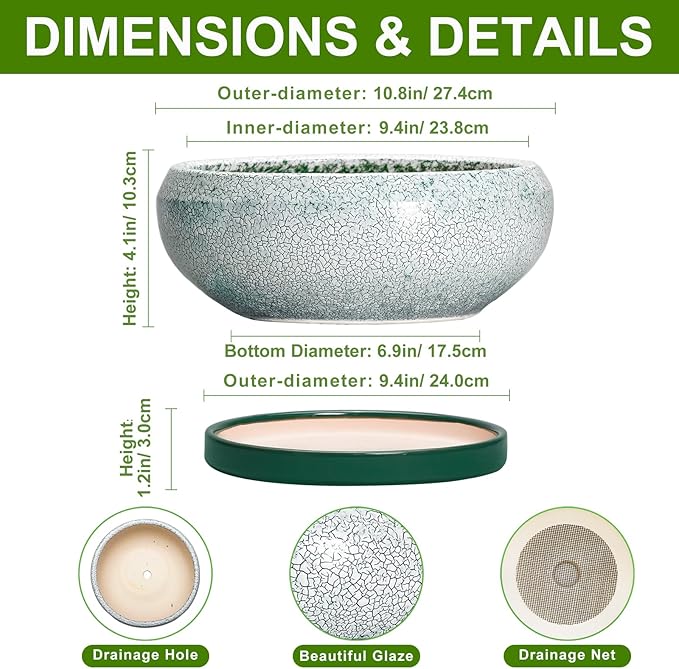 EPFamily Succulent Planters 10 Inch - Ceramic Bonsai Pots with Drainage Hole and Saucer, Large Succulent Pots Indoor, Shallow Planter, Round Bowl Planter Outdoor, Patio Decor, Plant Lover Gift, Green