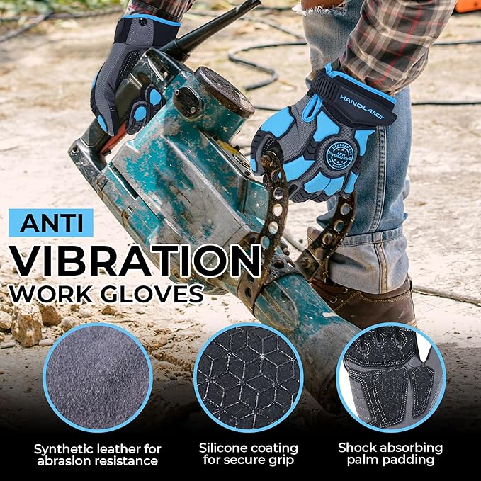 HANDLANDY Anti Vibration Gloves, SBR Padding, TPR Protector, Mechanic Work Gloves (Large, Black)