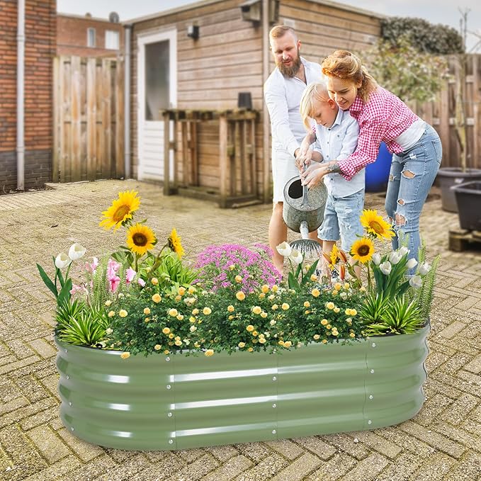 1MORE Galvanized Raised Garden Bed- Planter Garden Boxes Outdoor, Raised Beds for Gardening, 4x2x1ft Metal Garden Bed Kit for Vegetables Flower, Planter Raised Beds with Tools.Green-2pack