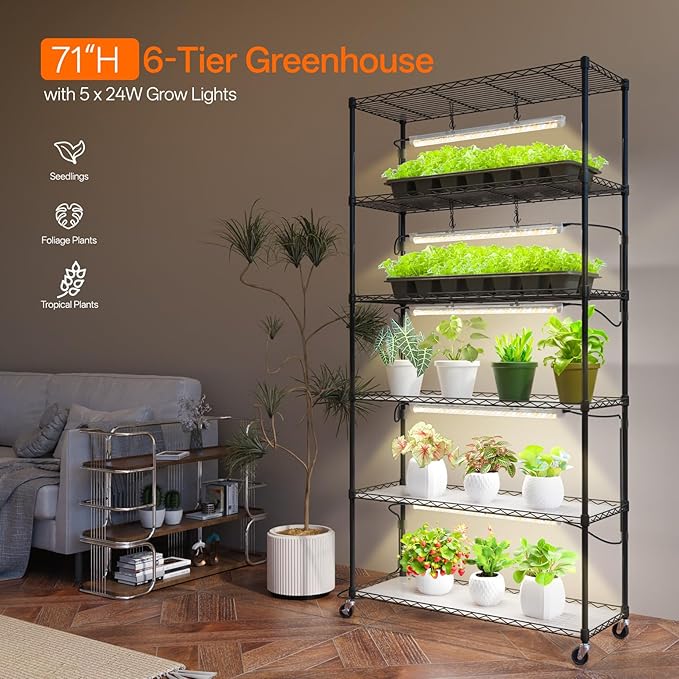 Bstrip Plant Shelf with Grow Light, Metal Plant Stand with Adjustable Rack and Wheels, 5 Pack T8 Full Spectrum Grow Light Strip for Indoor Plants, Seed Starting, Seed Tray, 35.4"x13.8"x71"