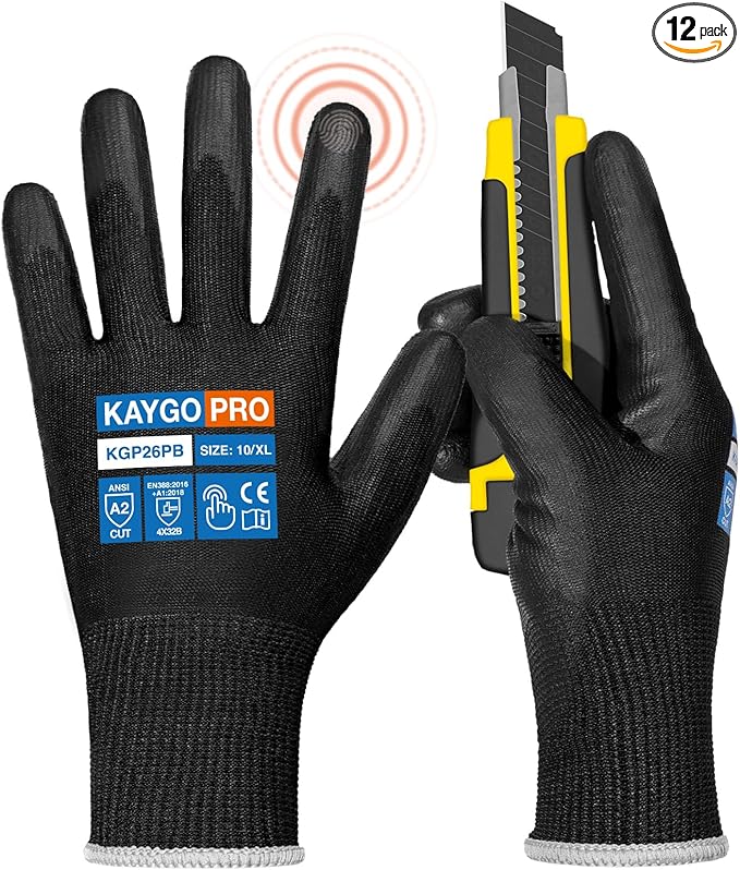 KAYGO Cut Resistant Gloves PU Coated, 12 Pairs Safety Work Gloves with full fingers Touchscreen, ANSI Cut Level A2, for Men and Women, Ideal for General Duty Work KG11P, Black,XL