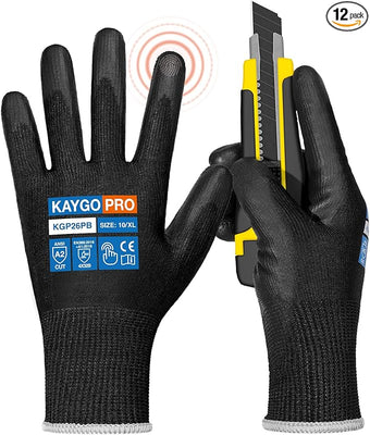 KAYGO Cut Resistant Gloves PU Coated, 12 Pairs Safety Work Gloves with full fingers Touchscreen, ANSI Cut Level A2, for Men and Women, Ideal for General Duty Work KG11P, Black,XL
