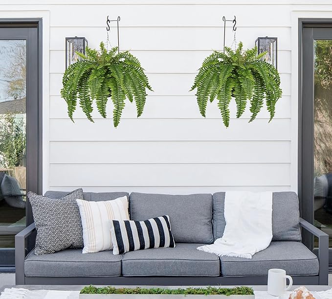 Hollyone 33" Artificial Boston Fern Hanging Basket Large 39 Leaves Fake Ferns in Rattan Pot Greenery Plants for Outdoors & Indoor Faux Fern Bush Basket Plant Patio Garden Home Decor Green