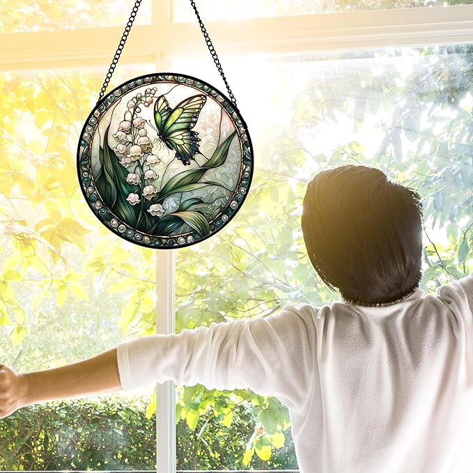 DASTOLL Stained Glass Window Hanging, Lily of The Valley Flower Butterfly Suncatcher for Doors Home Sun Catchers Decoration and Christmas, Mother's Day Birthday Gifts for Women, Men, Mom 6.3 in
