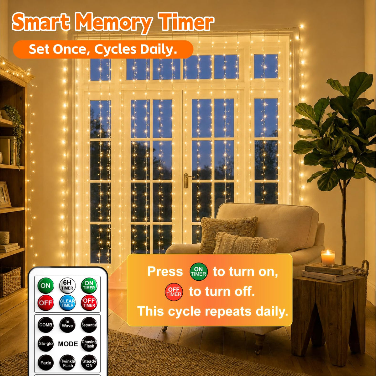SINAMER Curtain String Light, 300LED 9.8x9.8ft, Remote & 8 Modes, USB