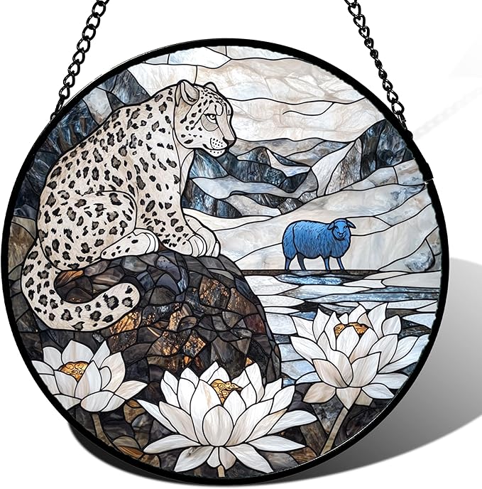 Stained Glass Window Hanging - Snow Mountain Lotus Suncatcher for Doors Garden Patio Leopard Sun Catchers Decor Christmas Mother's Day Birthday Gifts for Women Men Mom Nana Friend 9.8 in