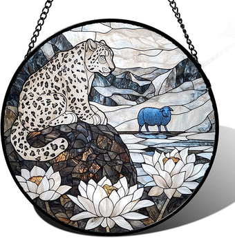 Stained Glass Window Hanging - Snow Mountain Lotus Suncatcher for Doors Garden Patio Leopard Sun Catchers Decor Christmas Mother's Day Birthday Gifts for Women Men Mom Nana Friend 9.8 in