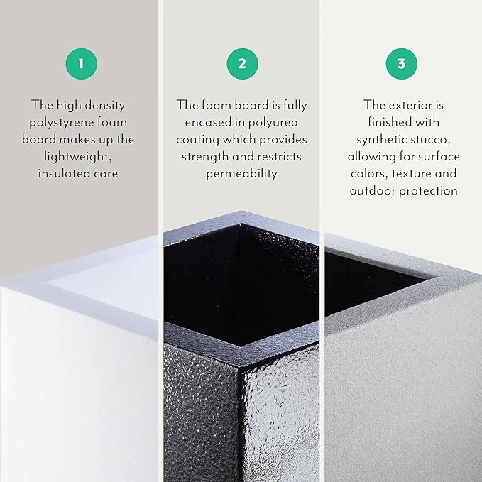 PolyStone Monterray Modern Outdoor/Indoor Square Planter, 23" L x 23" W x 19" H, Lightweight, Heavy Duty, Weather Resistant, Polymer Finish, Commercial Grade and Residential (Sandstone Granite)