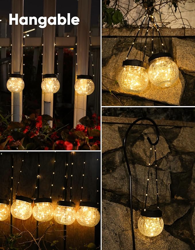 Solar Lanterns Solar Lights Outdoor Waterproof 6-Pack, Solar Powered Hanging Lights Cracked Glass Hanging Globes for Christmas Decoration, Shepherd Hook, Garden Tree Ornaments