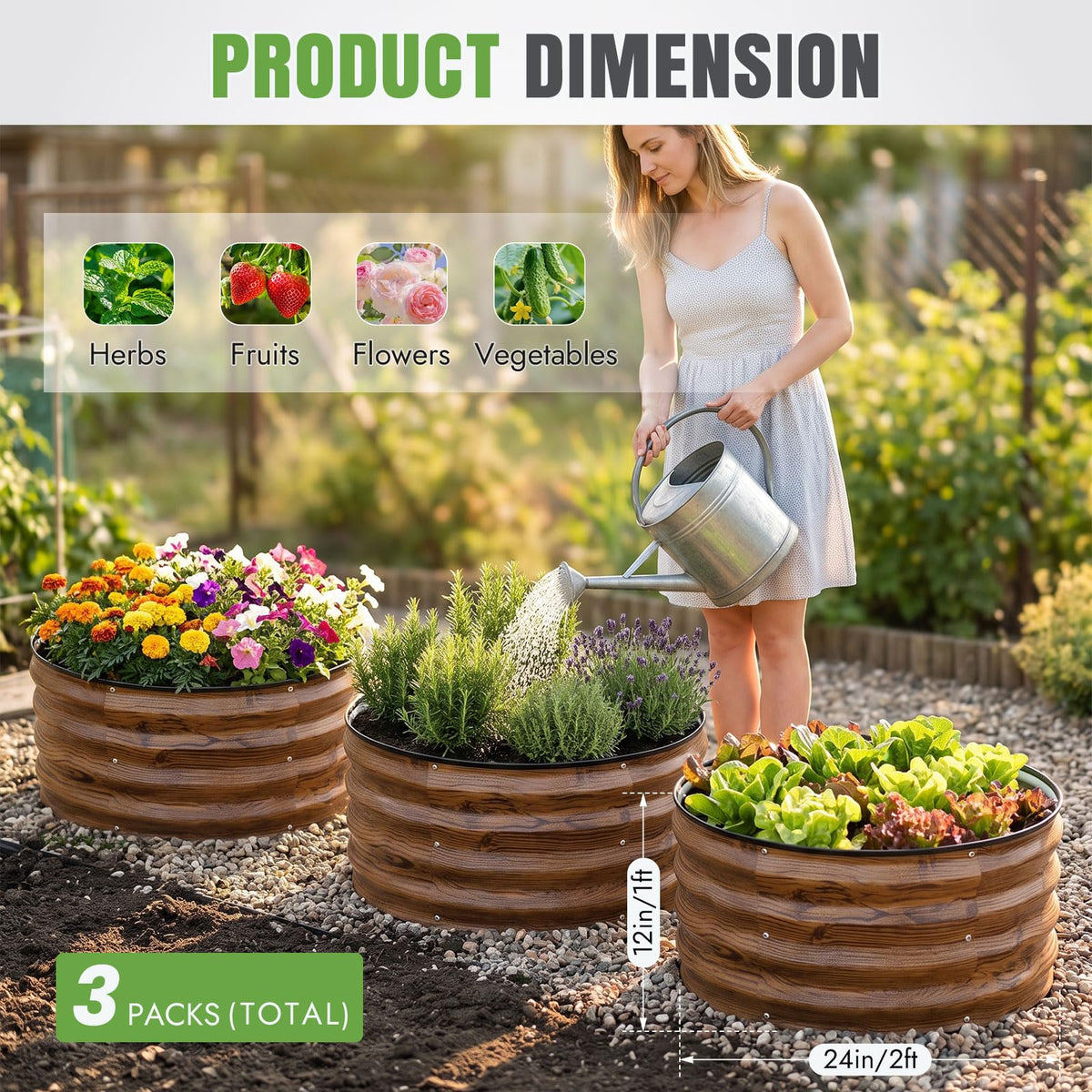 INNO STAGE 3 Pcs Round Galvanized Raised Garden Beds,2x2x1ft Grain