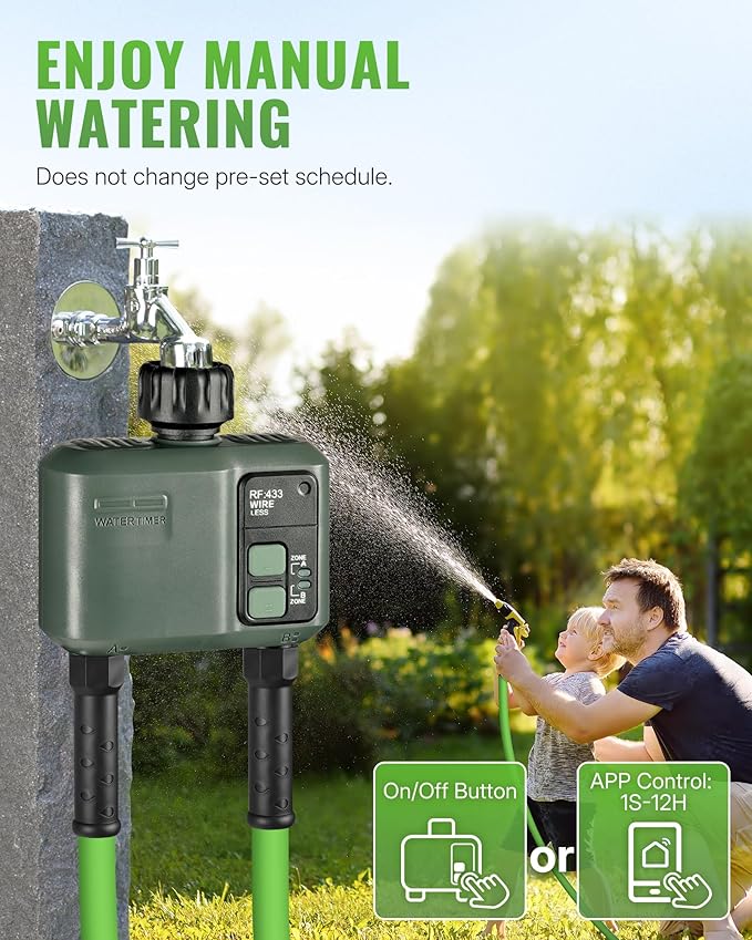 WiFi Water Timer for Garden Hose, Sprinkler Timer 2 Zone, Smart Lawn Watering System with WiFi Irrigation Controller, Voice Control, Automatic Irrigation/Rain Delay/Manual Watering D32WT06