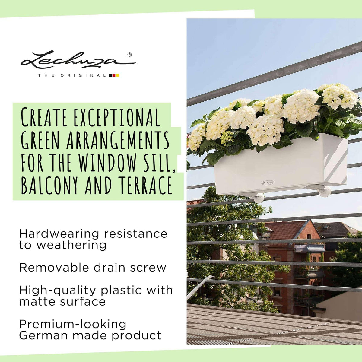 Lechuza BALCONERA Color 50 Petrol Blue, Self-Watering Window Box (Railing Planter), H7.5 L19.7 W7.5 in