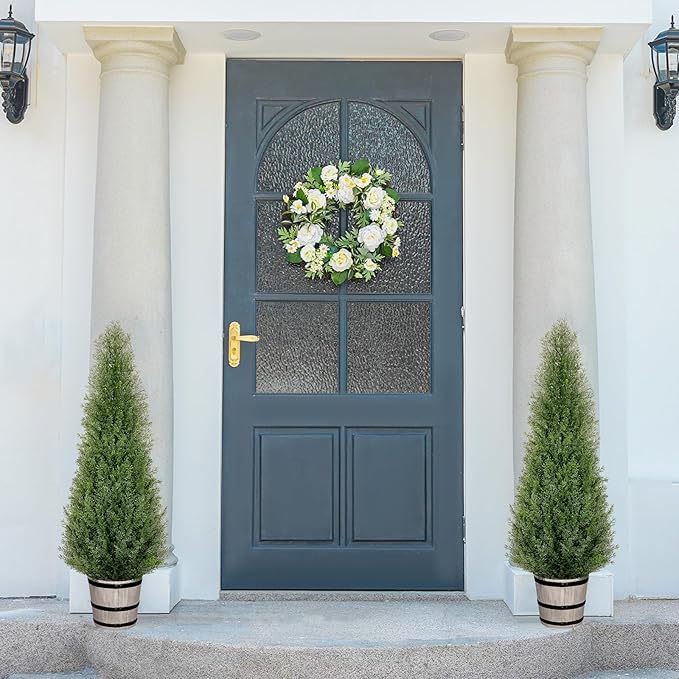 VIVATREES 3FT Artificial Cedar Topiary Trees with Rustic Barrel Planter, Outdoor Indoor Realistic Faux Pine Shrubs Plants, Fake Cypress Trees for Home Offices Porch Decor, Set of 2