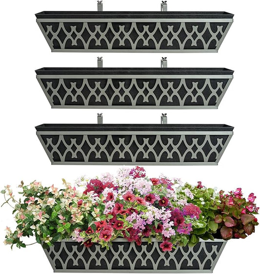 4 Pack 24 Inch Window Boxes Planters Railing Planter Box with Adjustable Brackets & Non-Woven Fabric Plant Grow Bags Deck Railing Planter Boxes Balcony Hanging Flower Box for Outdoor Plants