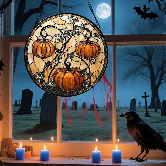 Stained Glass Window Hanging - Halloween Decoration Orange Pumpkin Vine Leaves Suncatcher for Door Garden Spooky Sun Catchers Gothic Decor Horror Gifts for Women Men Friend Boy Girl 11.8 in