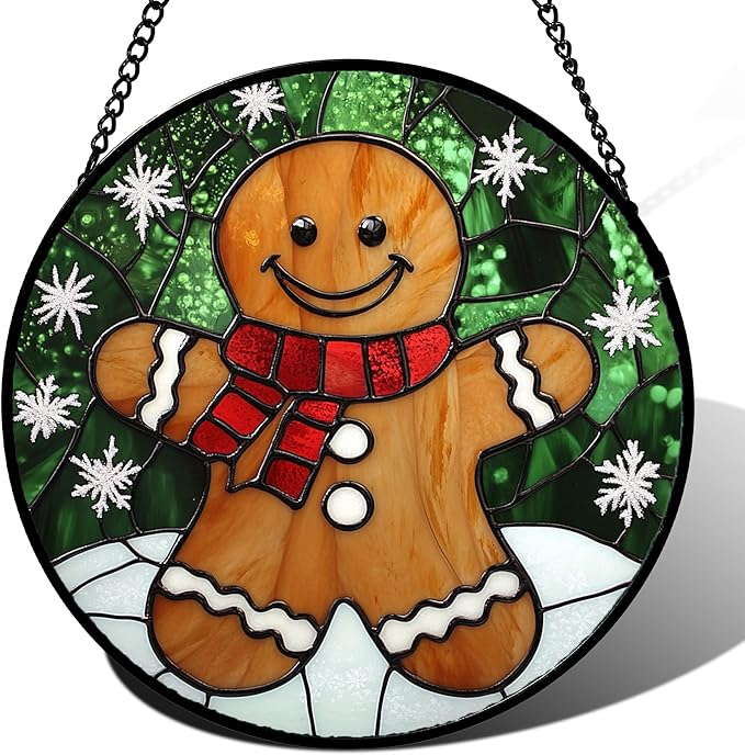Stained Glass Window Hanging Cute Christmas Gingerbread Man Snowflake 9.8" - Suncatcher Door Garden Sun Catcher Home Decor Birthday for Mom Men Woman Nana Friend