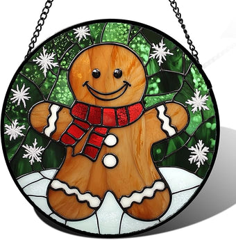 Stained Glass Window Hanging Cute Christmas Gingerbread Man Snowflake Large 15" - Suncatcher Door Garden Sun Catcher Home Decor Birthday for Mom Men Woman Nana Friend