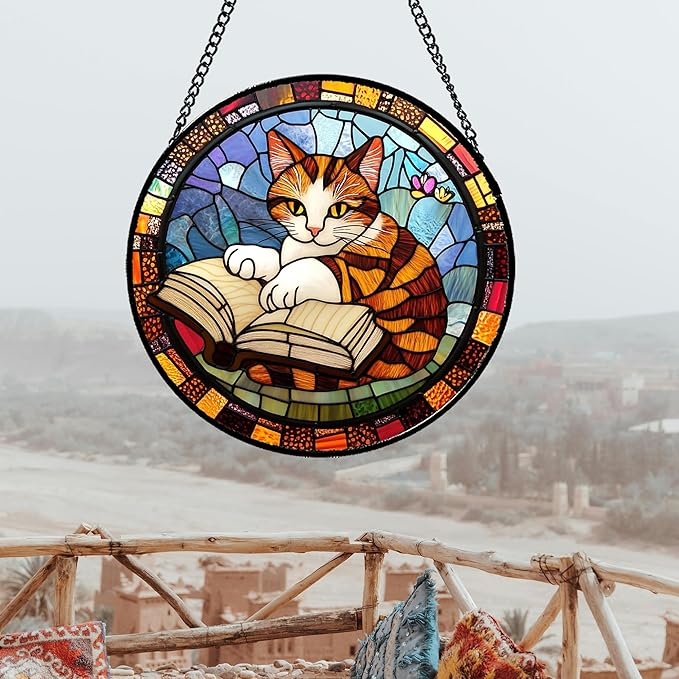 DASTOLL Stained Glass Window Hanging Little Cat Reading 6.3" - Suncatcher Door Garden Kitchen Sunroom Sun Catcher Home Decor Birthday for Lost Pets Mom Grandma Men Woman Friend
