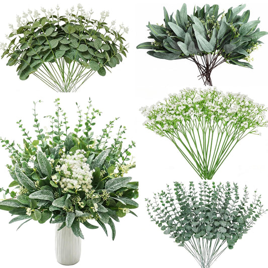 QGHPY 120 Pcs 4 Kinds Mixed Eucalyptus Greenery Stems,Artificial Babys Breath Flowers Bulk and Greenery Stems for Wedding, DIY Floral Arrangements and Home Decor (124)