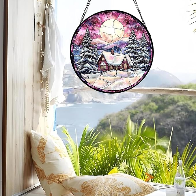 AMDERVEN Stained Glass Window Hanging - Winter Snow Scene Cabin Moon Sun Catcher for Door Garden Home Decor Pine Tree Suncatcher Christmas Mother's Day Birthday Gifts for Women Men Mom Nana 15 in
