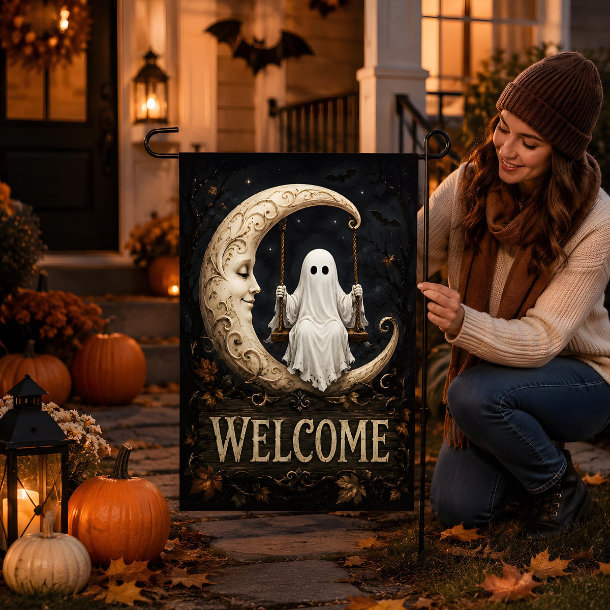 Halloween Decorations - Ghost Swinging on Moon Welcome Garden Flag