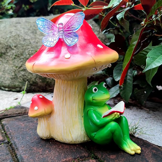 Solar Frog Mushroom Garden Statues,Statuettes of Resin Frog Mushroom Reading a Book Figurine with LED Solar Lights, Lawn Decor Outdoor Statue for Patio,Balcony,Yard,Lawn Ornament