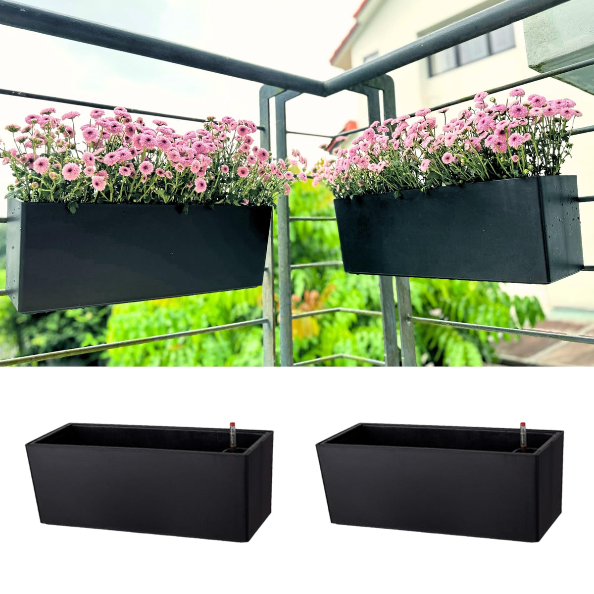 LaLaGreen Railing Planter Boxes (14 Inch, 2 Pack) Self-Watering Window Box Planters with Brackets, Rectangular Hanging Flower Pots for Balcony Deck Fence, Outdoor Herb Garden Plastic Planters Black
