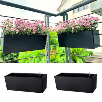 LaLaGreen Railing Planter Boxes (14 Inch, 2 Pack) Self-Watering Window Box Planters with Brackets, Rectangular Hanging Flower Pots for Balcony Deck Fence, Outdoor Herb Garden Plastic Planters Black