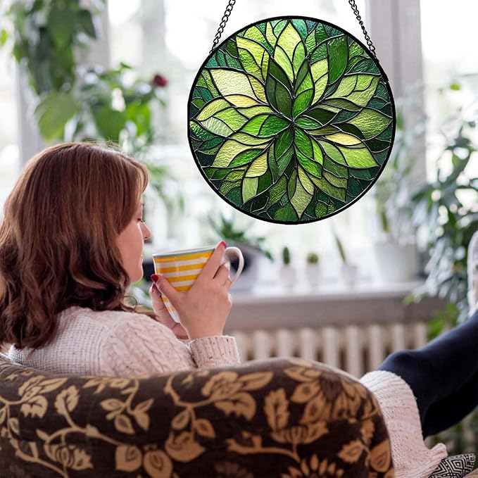 HWRHTR Stained Glass Window Hanging - Green Gradient Flowers Suncatcher for Doors Window Home Plant Sun Catchers Decor Christmas Mother's Day Birthday Gifts for Teacher Women Men Mom Nana 9.8 in