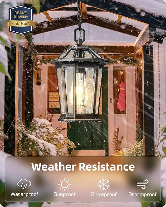 VIANIS Outdoor Pendant Light Fixtures for Porch, Exterior Ceiling Hanging Lanterns, Anti-Rust Waterproof Farmhouse Outdoor Chandelier, Black Gold Aluminum with Tempered Glass for Entryway, 1 Pack