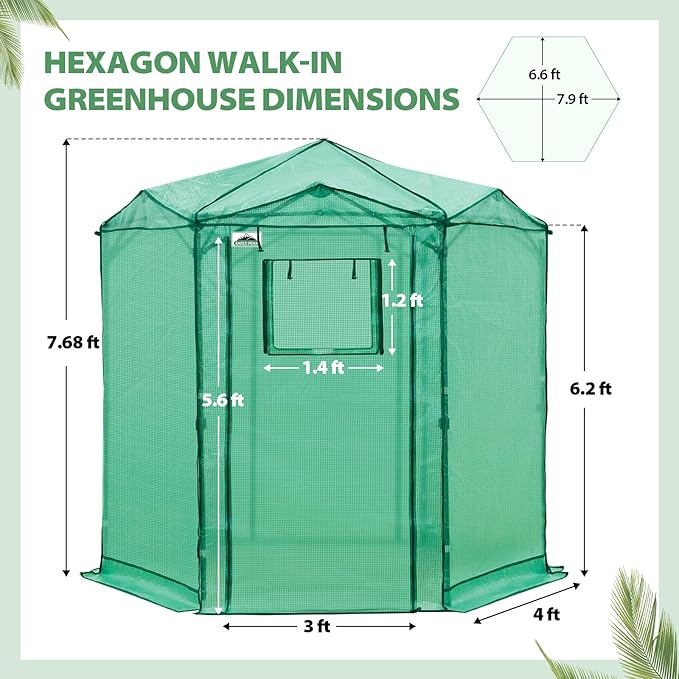 EAGLE PEAK 6.6x6.6 ft Hexagon Pop up Greenhouse, Portable Walk-in Grow Tent for Seed Starting, Garden Plants, Indoor Outdoor Green House, All-Weather Plant Shelter, PE Cover, Green/Clear