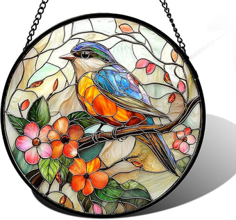 DASTOLL Stained Glass Window Hanging, Blue Bird Pink Flower Suncatcher Diamond Glass Panel Bird Sun Catchers Decor for Birthday for Women, Men, Wife, Aunt, and Mom 7.8 in