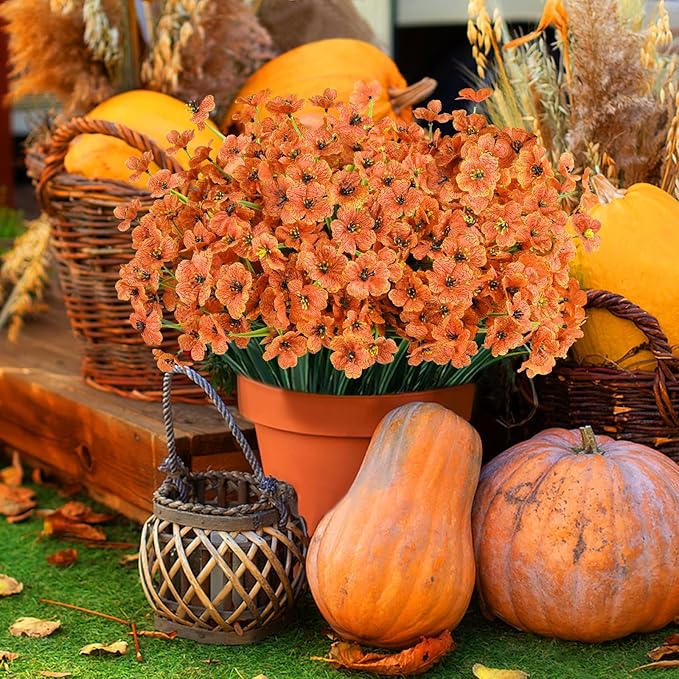24 Bundles Artificial Fall Flowers for Outdoors, Realistic Fake Silk Flowers for Outside Decoration, Autumn Faux Plants Outdoor Planter Window Box Porch Patio Decor(Orange)