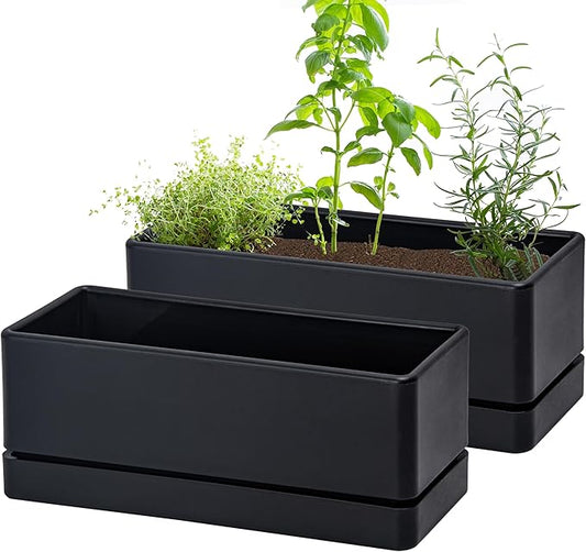 D'vine Dev 12 Inch Window Box Planter, Rectangle Plastic Herb Planter with Drainage Holes and Saucer, Indoor Succulent Cactus Vegetable Pot for Windowsill, Garden Balcony, Black, Set of 2, 76-X-B-2