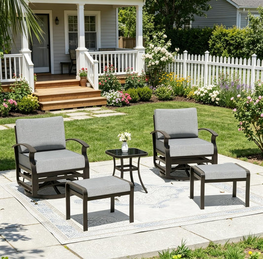 RTDTD 5 Piece Aluminum Swivel Rocking Chair Set, Outdoor Patio Swivel Gliders Chair with Coffee Table and Ottomans, Conversation Furniture Set Suitable for Patio, Lawn, Outdoor, Back Garden(Gray)